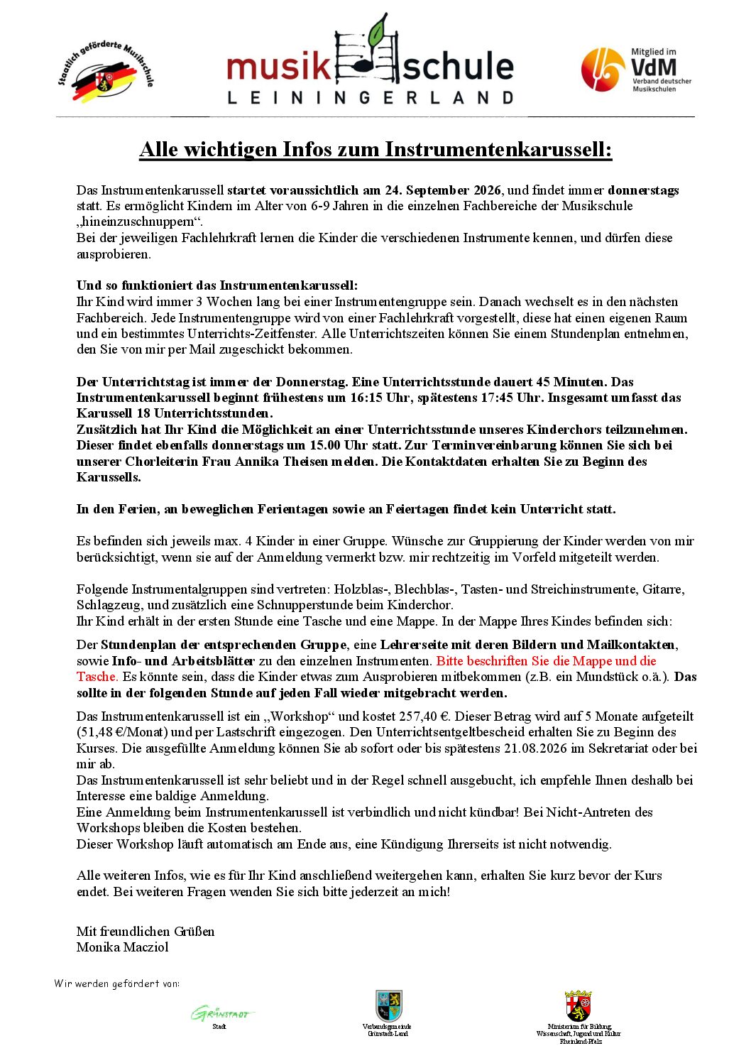 Wichtige Infos zum Instrumentenkarussell